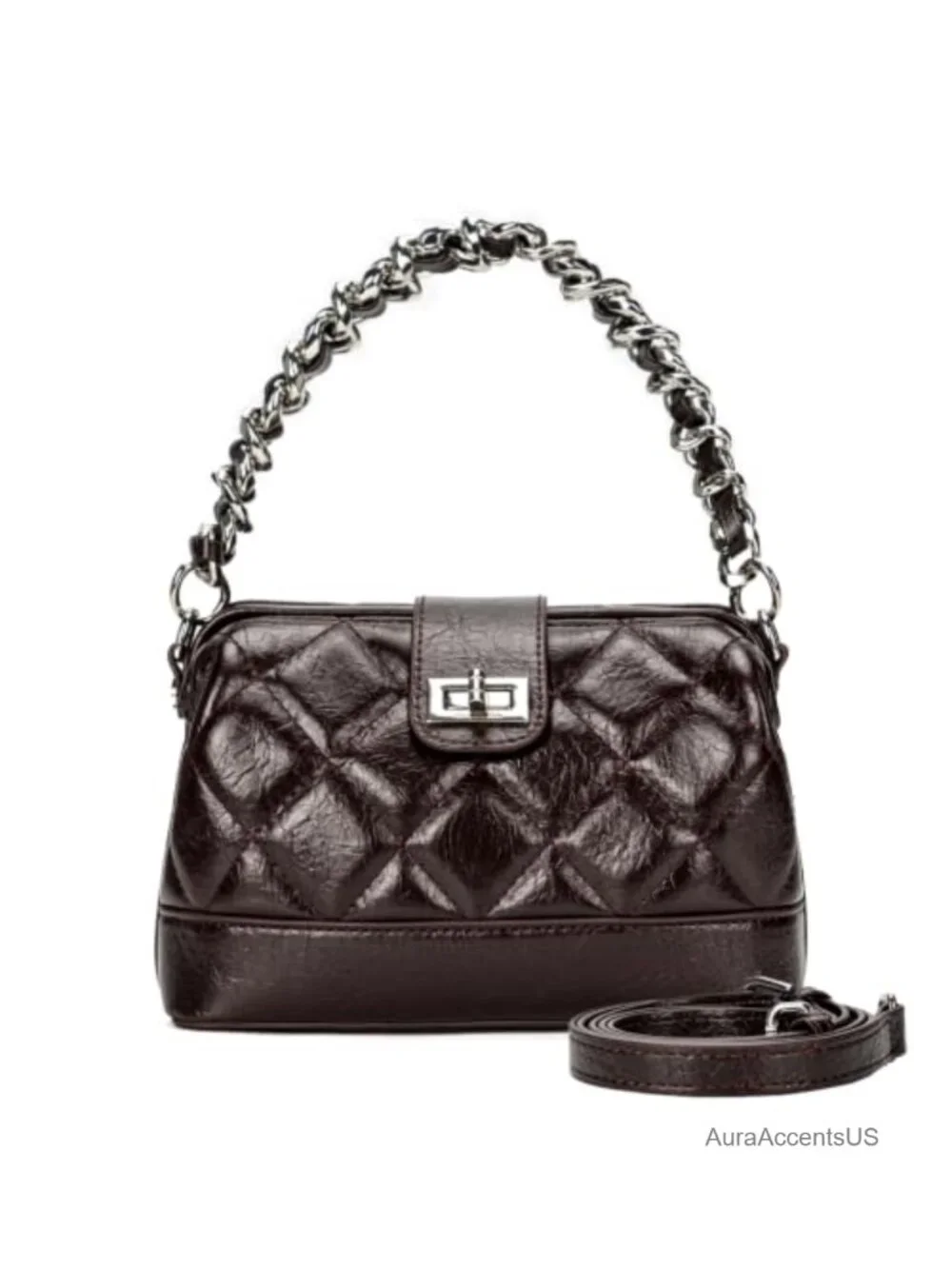 Mini Quilted Crossbody & Top Handle Bag, Vegan Leather with Detachable Chain